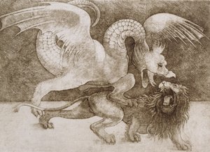 Lute entre um dragão e um leão (caneta e tinta no papel) (impressão)